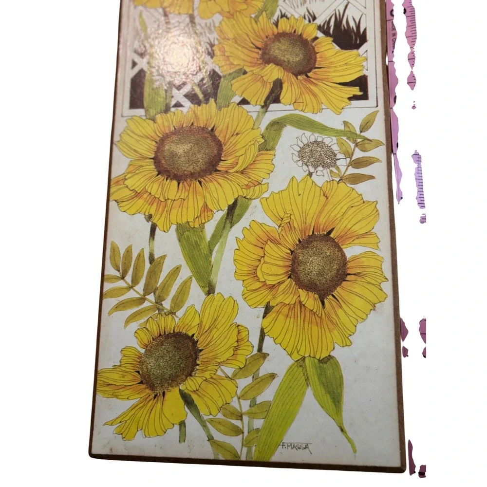 Vintage F Massa Sunflower Wall Art Plaques Pair Retro 70s Garden Decor 15x5‎